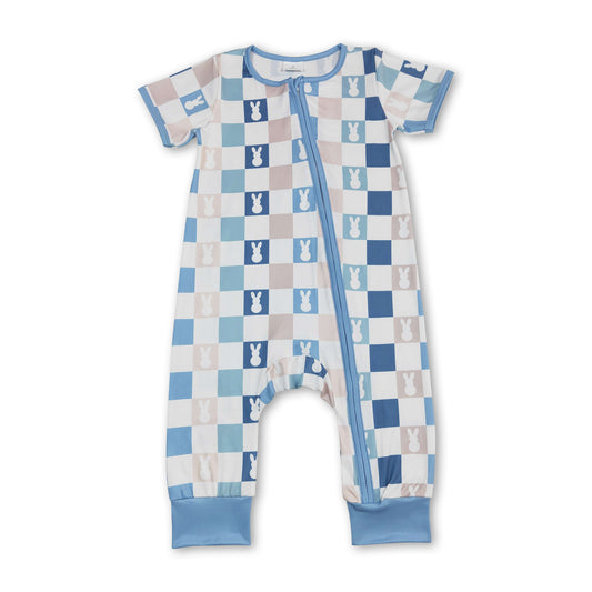 Short sleeves blue palid bunny baby zipper easter romper