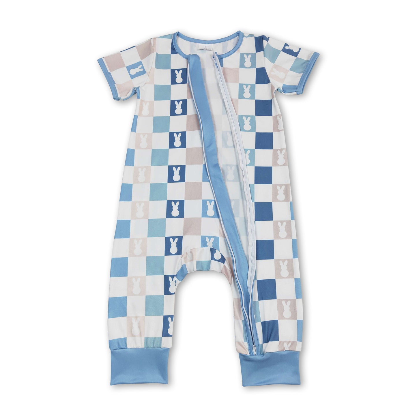 Short sleeves blue palid bunny baby zipper easter romper