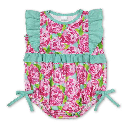 Flutter sleeves pink floral bow baby girls romper