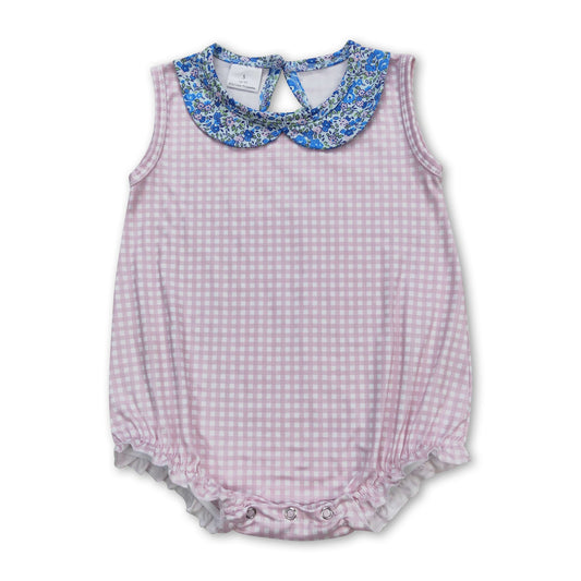 Sleeveless pink plaid baby girls floral summer romper