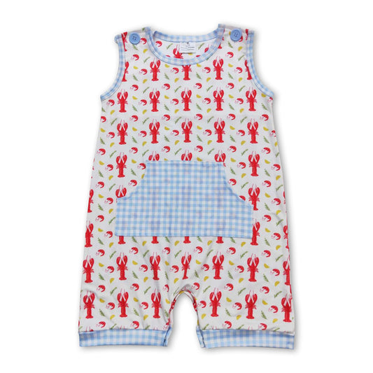 Sleeveless plaid pocket crawfish baby boys romper