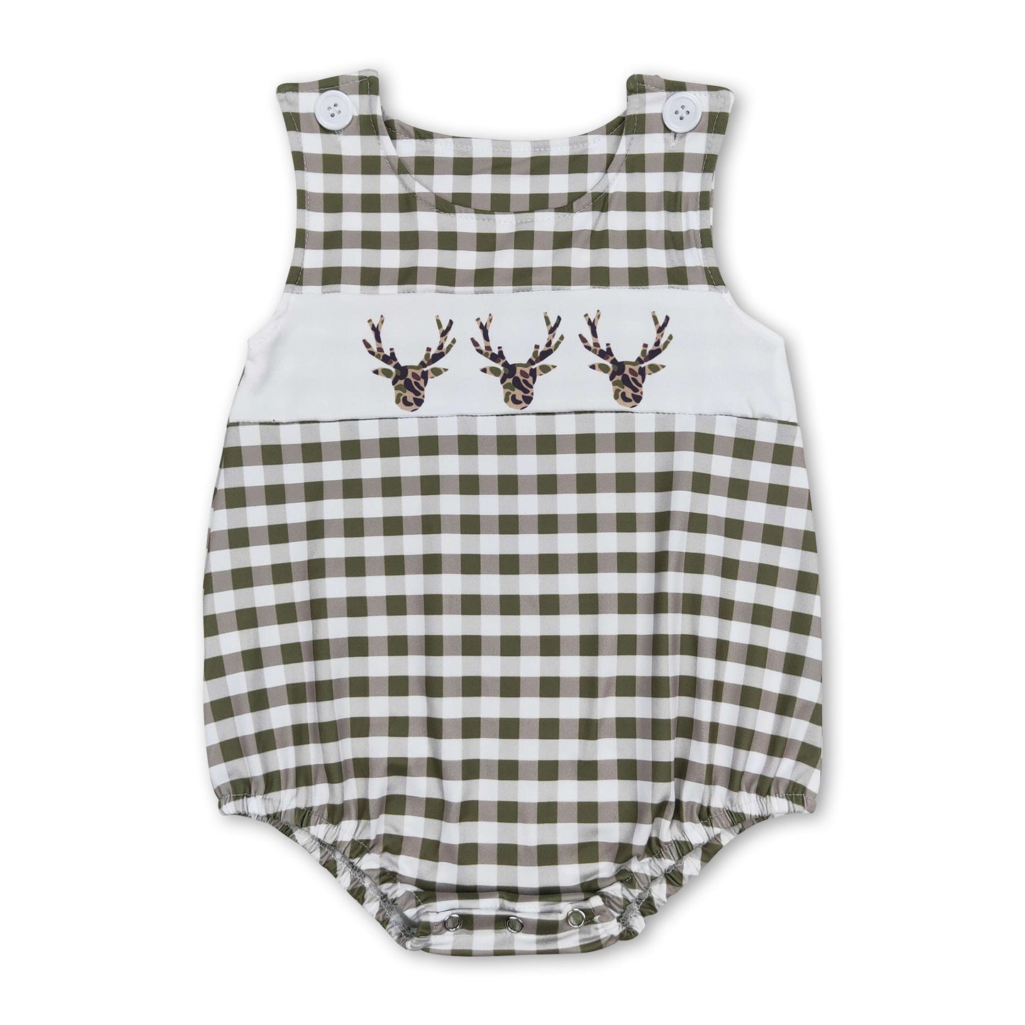 Sleeveless olive plaid deer baby boys summer romper