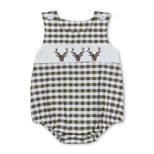 Sleeveless olive plaid deer baby boys summer romper