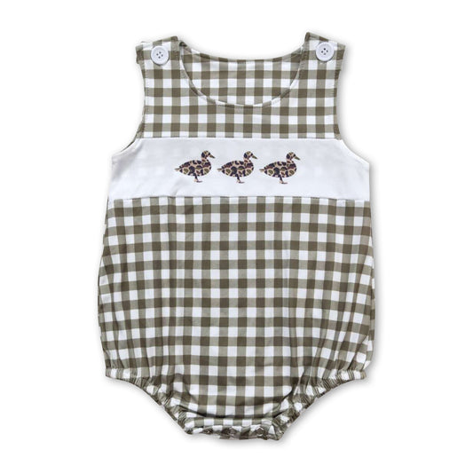 Sleeveless olive plaid duck baby boys summer romper