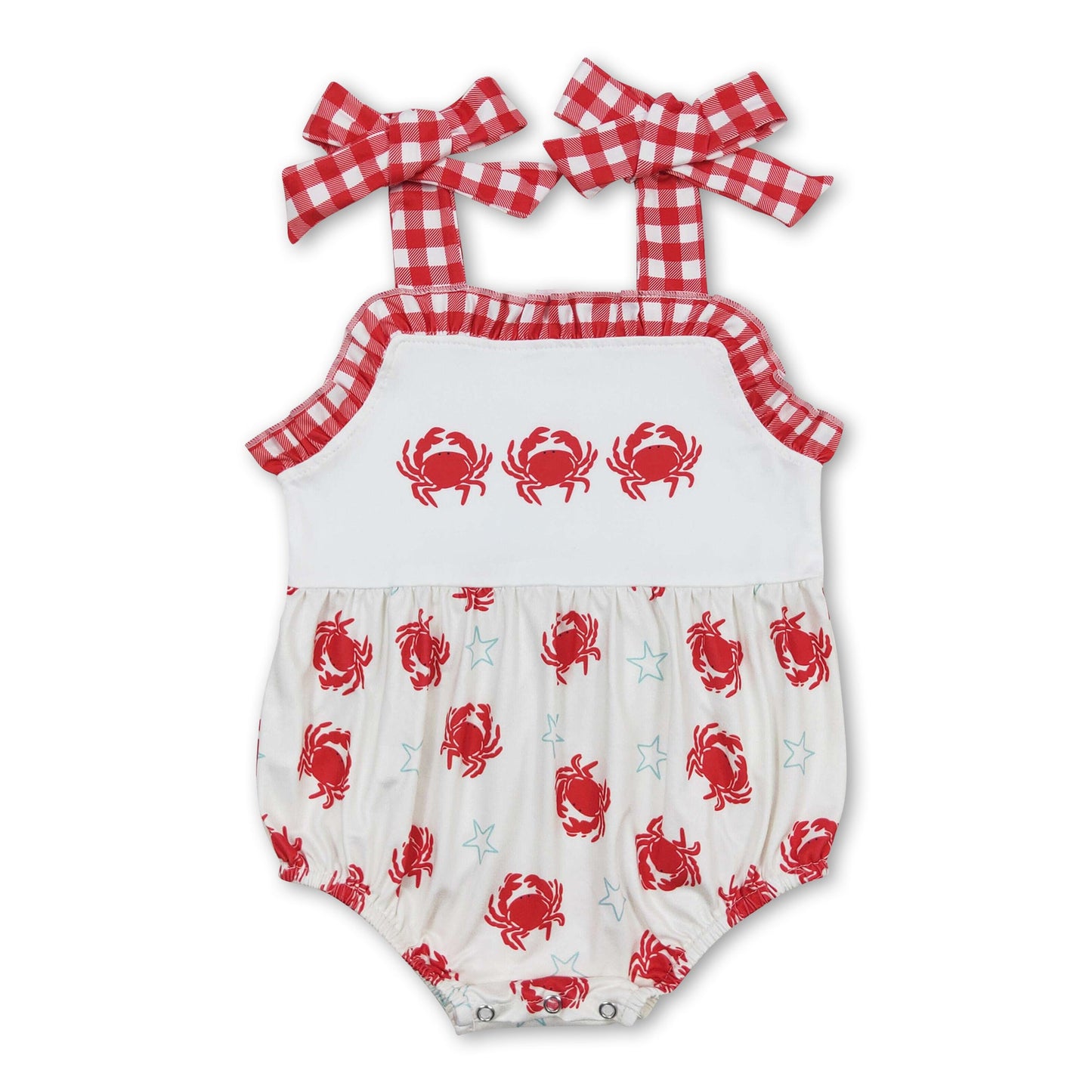 Red plaid straps crab baby girls summer romper