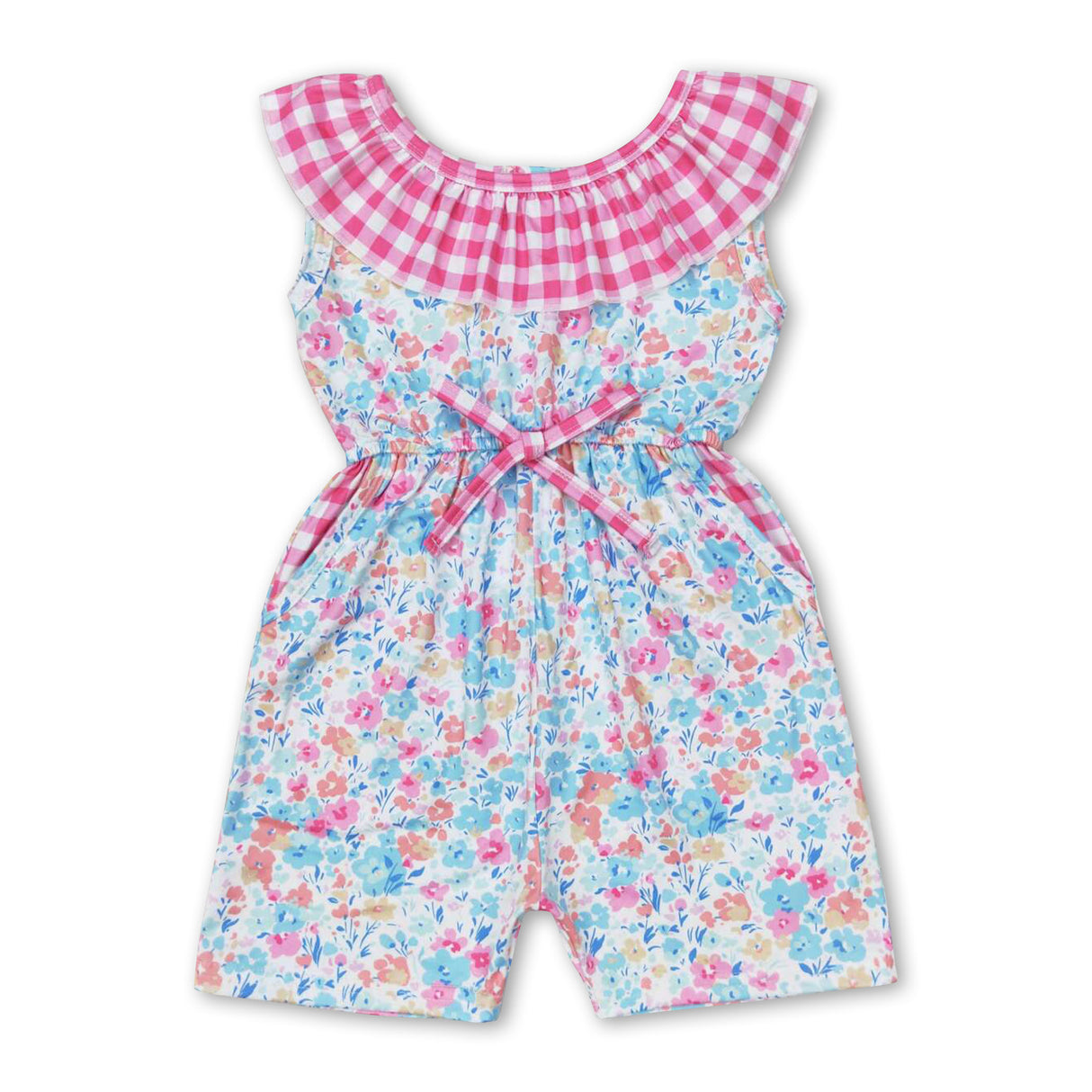 Pink plaid floral kids girls summer jumpsuit