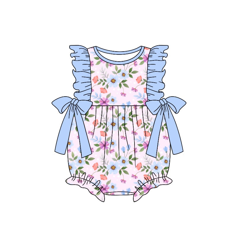 Flutter sleeves bow floral baby girls romper