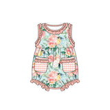 Sleeveless plaid pockets floral baby girls romper