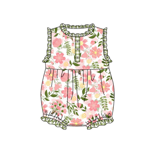 Green plaid floral baby girls summer romper