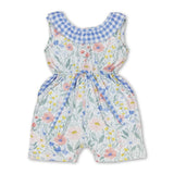 Blue plaid floral pockets baby girls jumpsuit