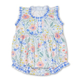 Sleeveless blue plaid floral baby girls romper