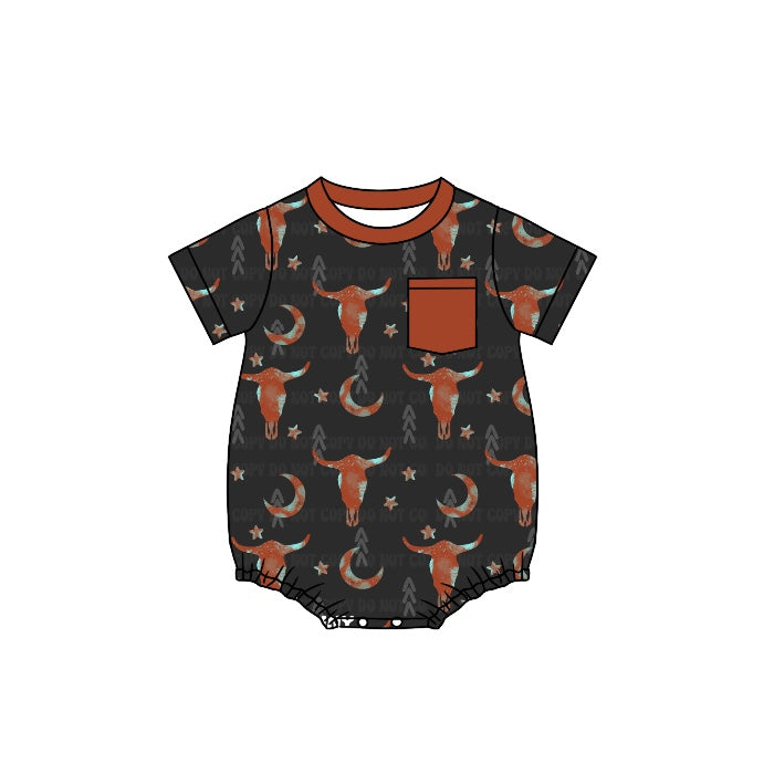 Short sleeves pocket bull skull baby boy summer romper