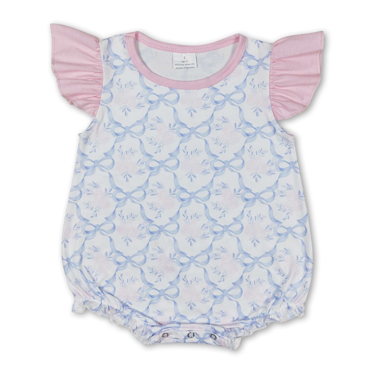 Flutter sleeves pink floral bow print baby girls romper