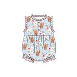 Sleeveless pink plaid highland cow floral baby romper