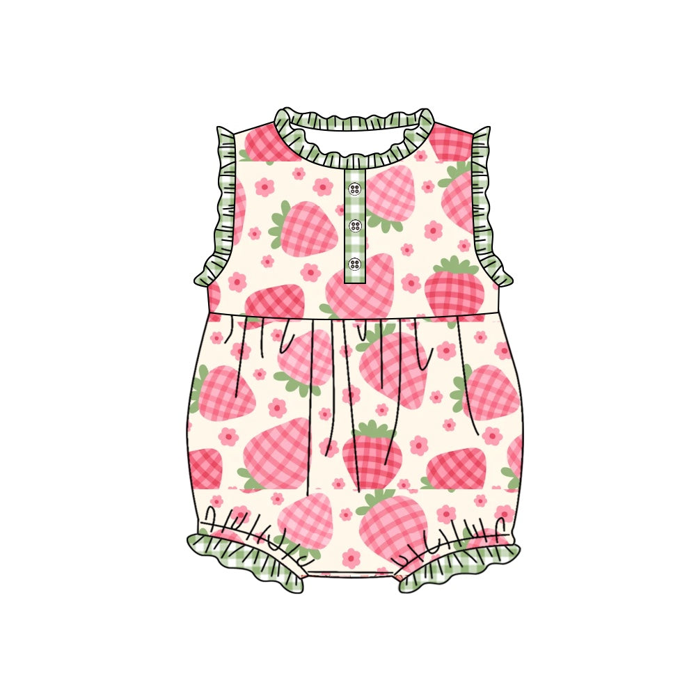 Sleeveless plaid strawberry baby girls summer romper