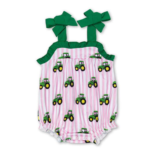 Pink stripe tractor straps baby girls farm romper