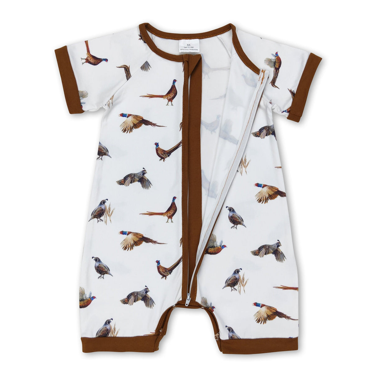 Short sleeves brown pheasant baby boys zip romper