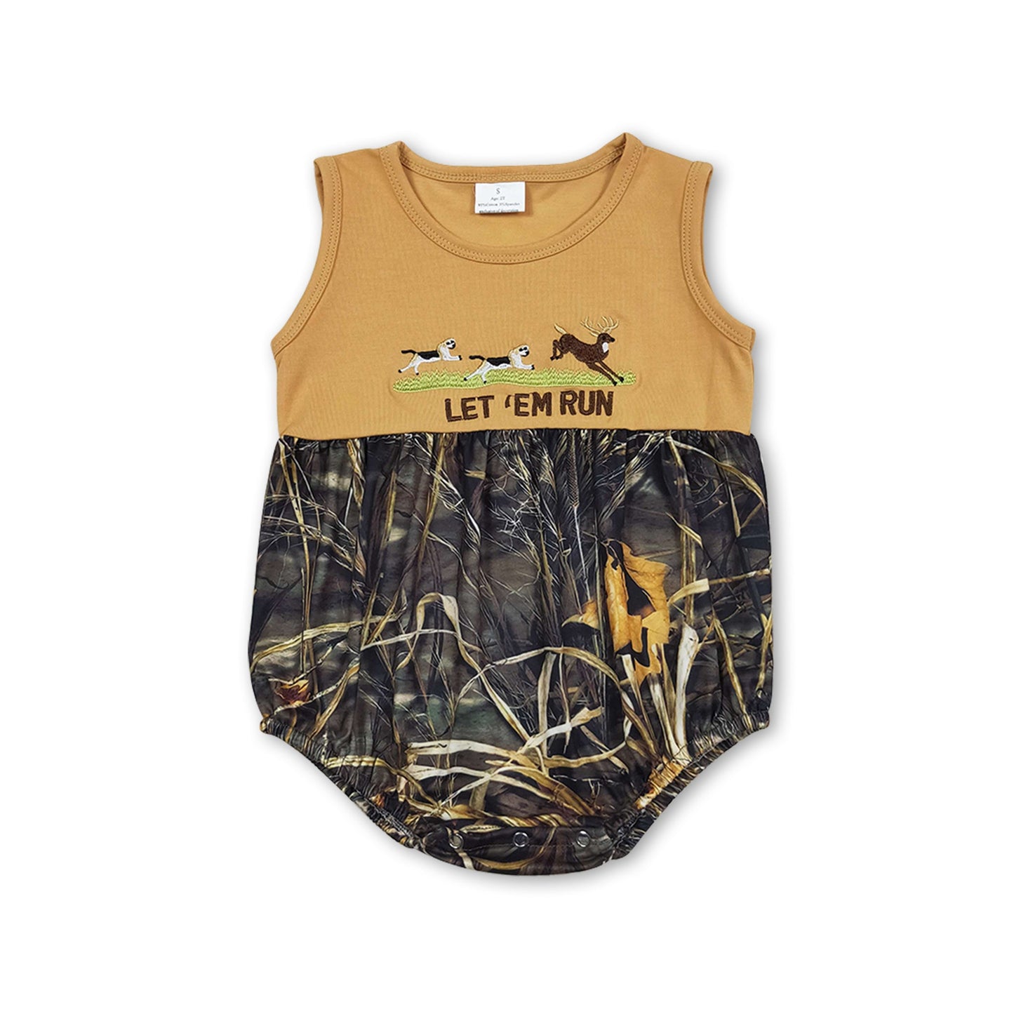 Sleeveless let 'em run deer camo baby boys romper