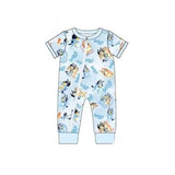 Short sleeves blue dog baby boy zipper romper