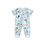 Short sleeves blue dog baby girl zipper romper