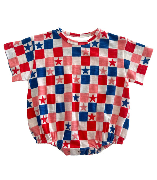 Red blue star plaid baby girls 4th of july romper