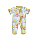 Short sleeves floral bear baby girls zipper romper