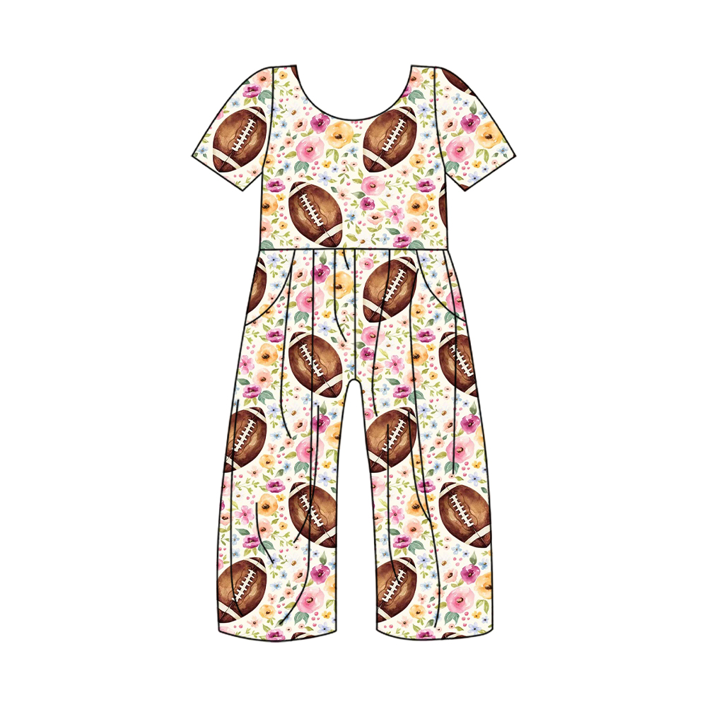 Short sleeves floral football baby girls jumpsuit