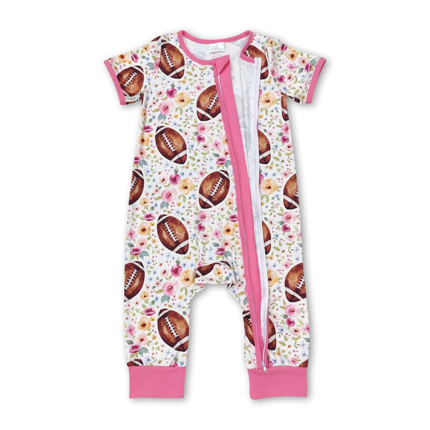 Short sleeves floral football baby girls zipper romper