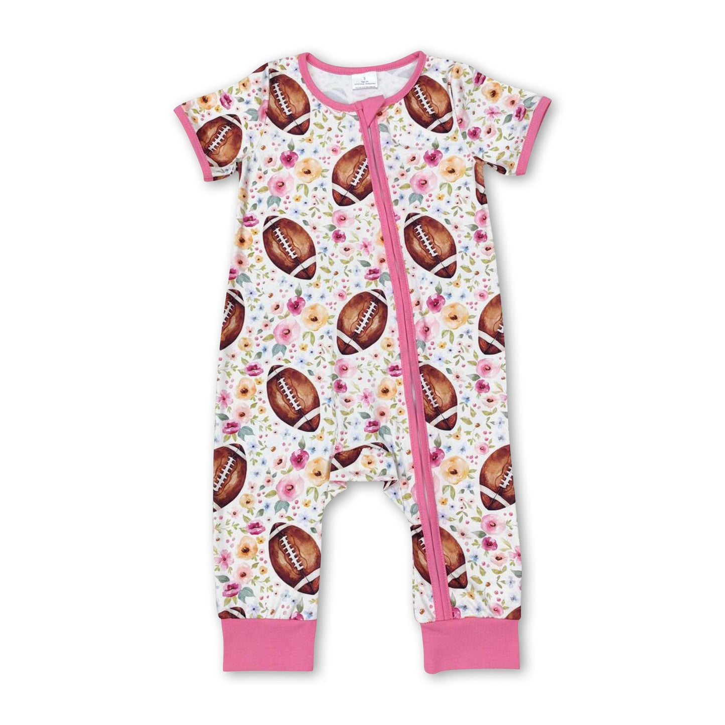 Short sleeves floral football baby girls zipper romper