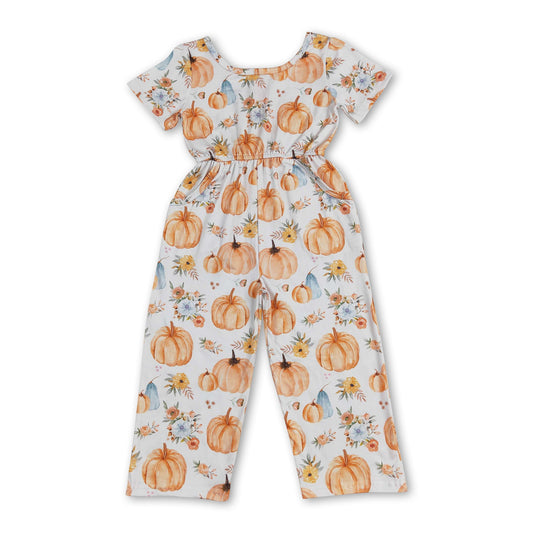 Short sleeves floral pumpkin pockets girls fall jumpsuit