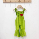 Straps heart green face kids girls Christmas overalls