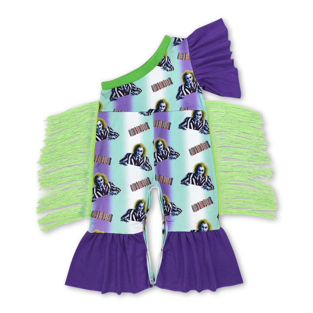 Green purple one shoulder tassels baby girls Halloween romper