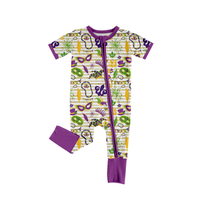 Purple stripe short sleeves girls Mardi Gras pajamas