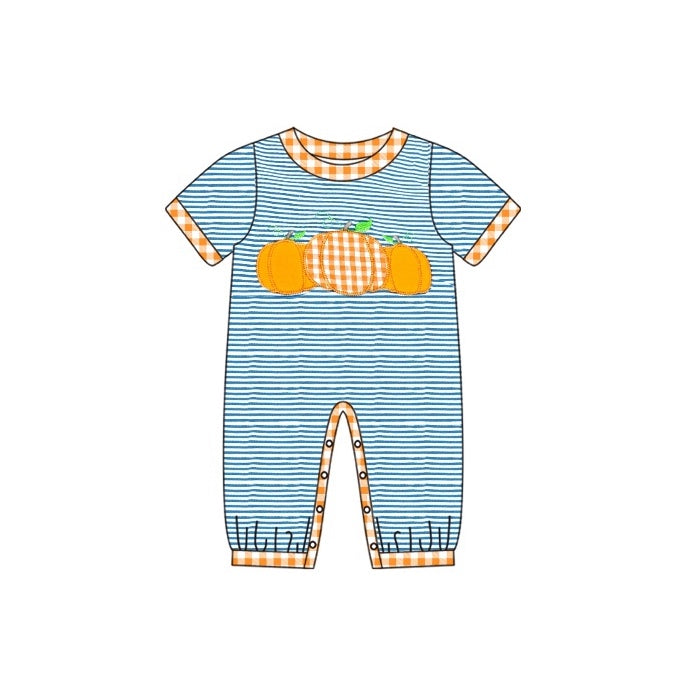 Short sleeves stripe pumpkin baby boy fall romper