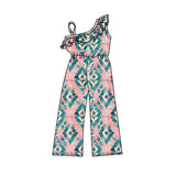One shoulder pink aztec girls western jumpsuit