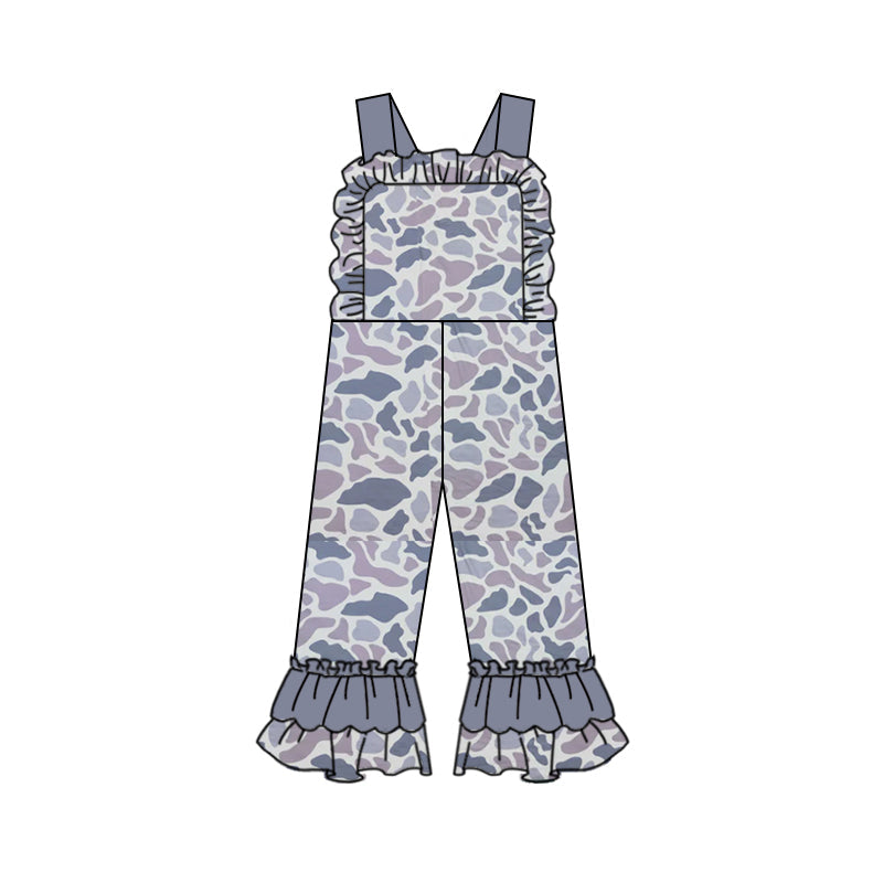 Ruffle straps grey camo baby girls hunting overalls