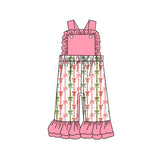 Pink ruffle bow print baby girls overalls