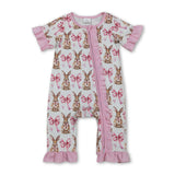 Pink ruffle bow bunny baby girls Easter zipper romper