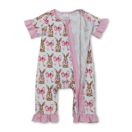 Pink ruffle bow bunny baby girls Easter zipper romper