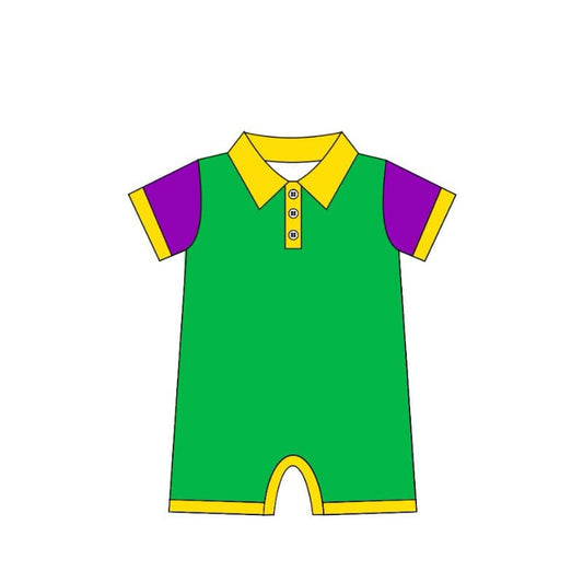 Yellow purple green ruffle baby boys Mardi Gras polo romper