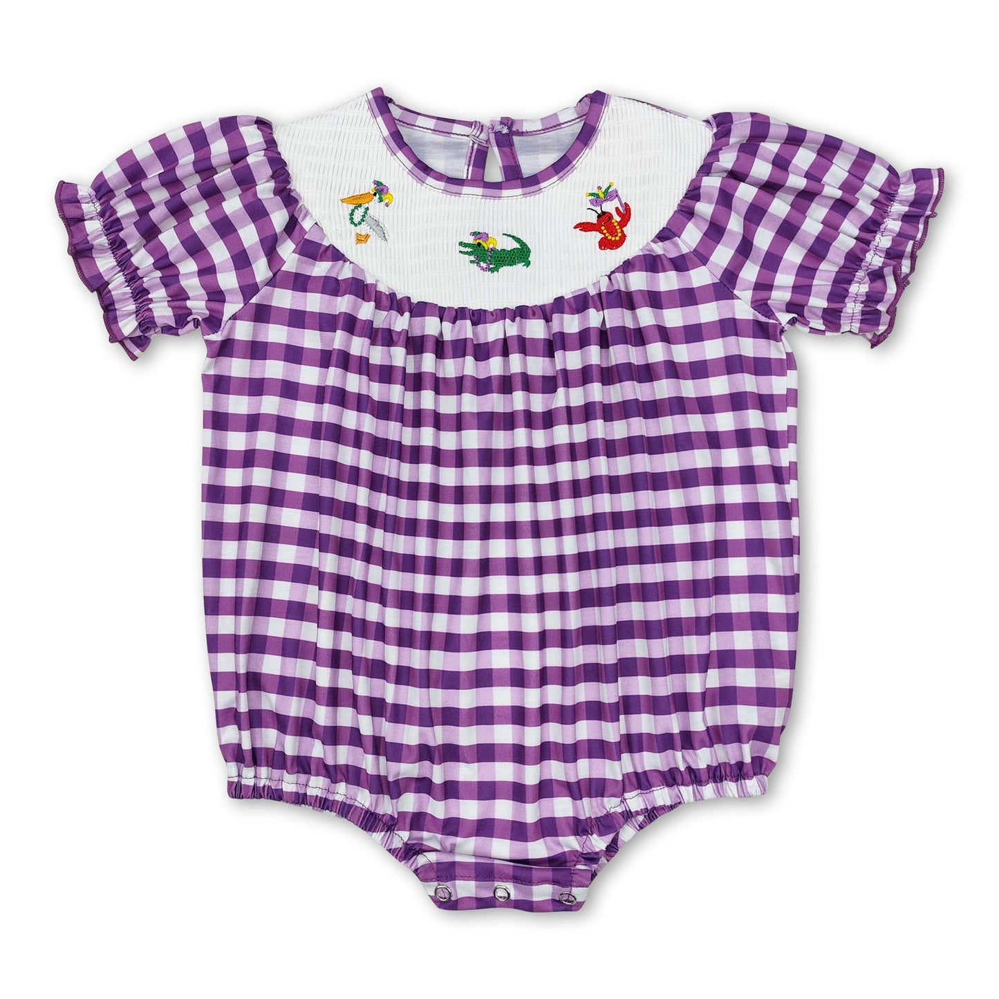 Purple plaid pelican alligator crawfish girls mardi gras romper