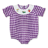 Purple plaid pelican alligator crawfish girls mardi gras romper