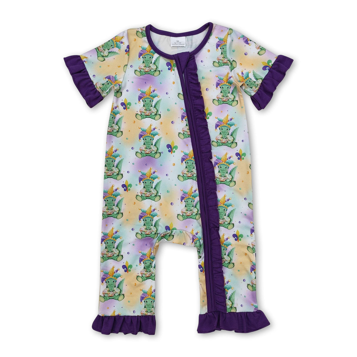 Purple short sleeves alligator baby girls Mardi Gras zip romper
