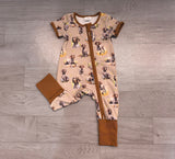 Brown short sleeves hunting dog baby zipper romper