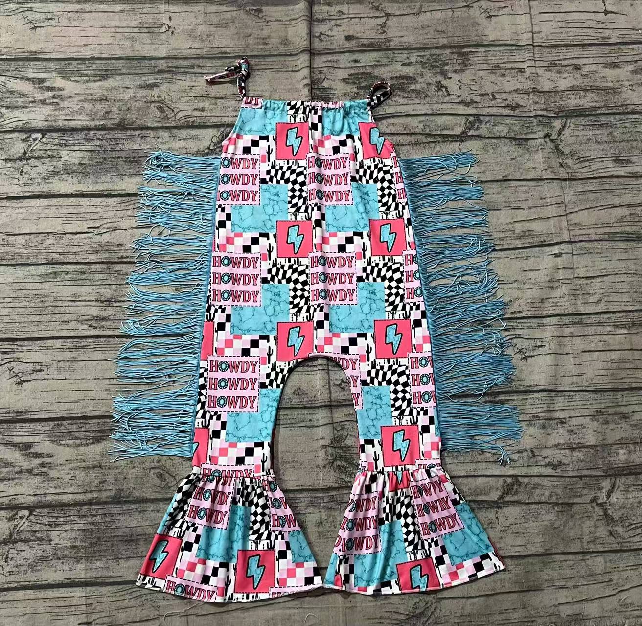 Howdy turquoise thunder patchwork tassels girls romper