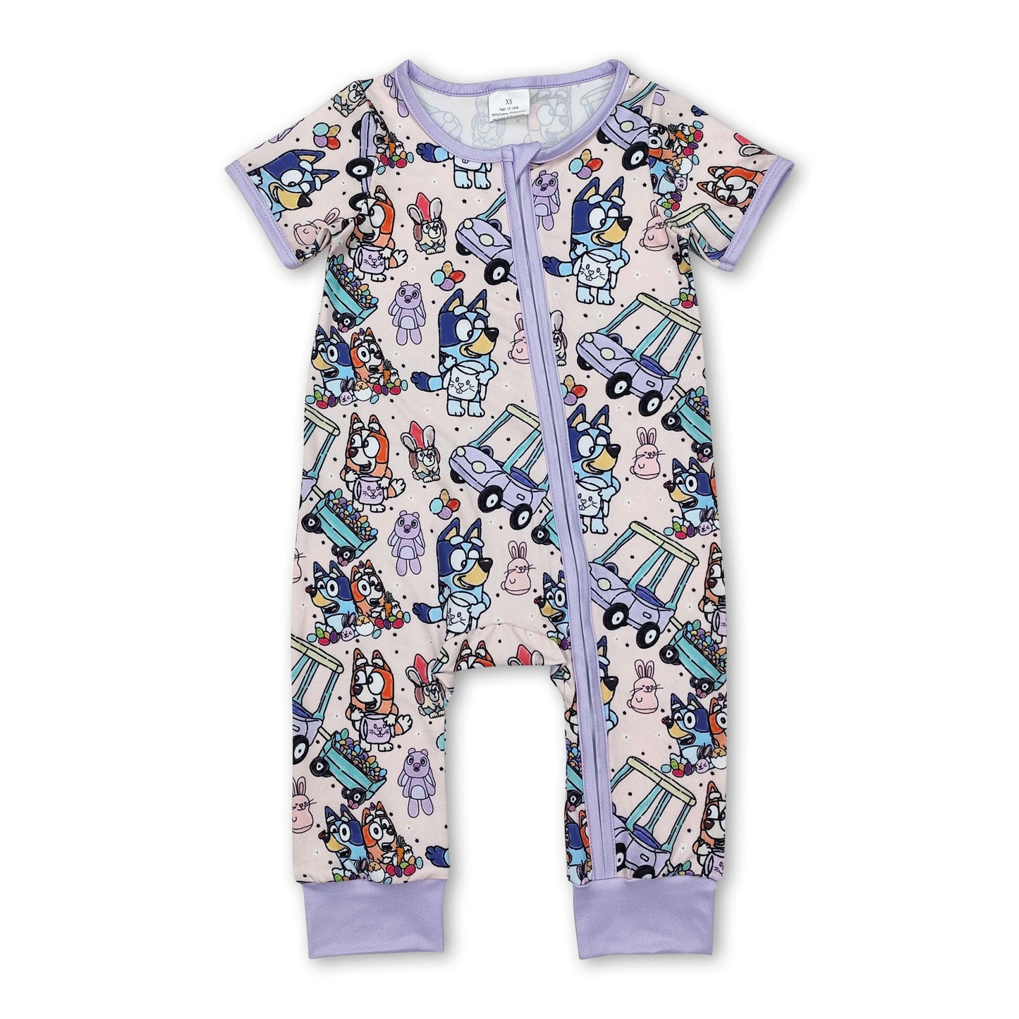 Lavender dog cars eggs bunny girls Easter zipper romper