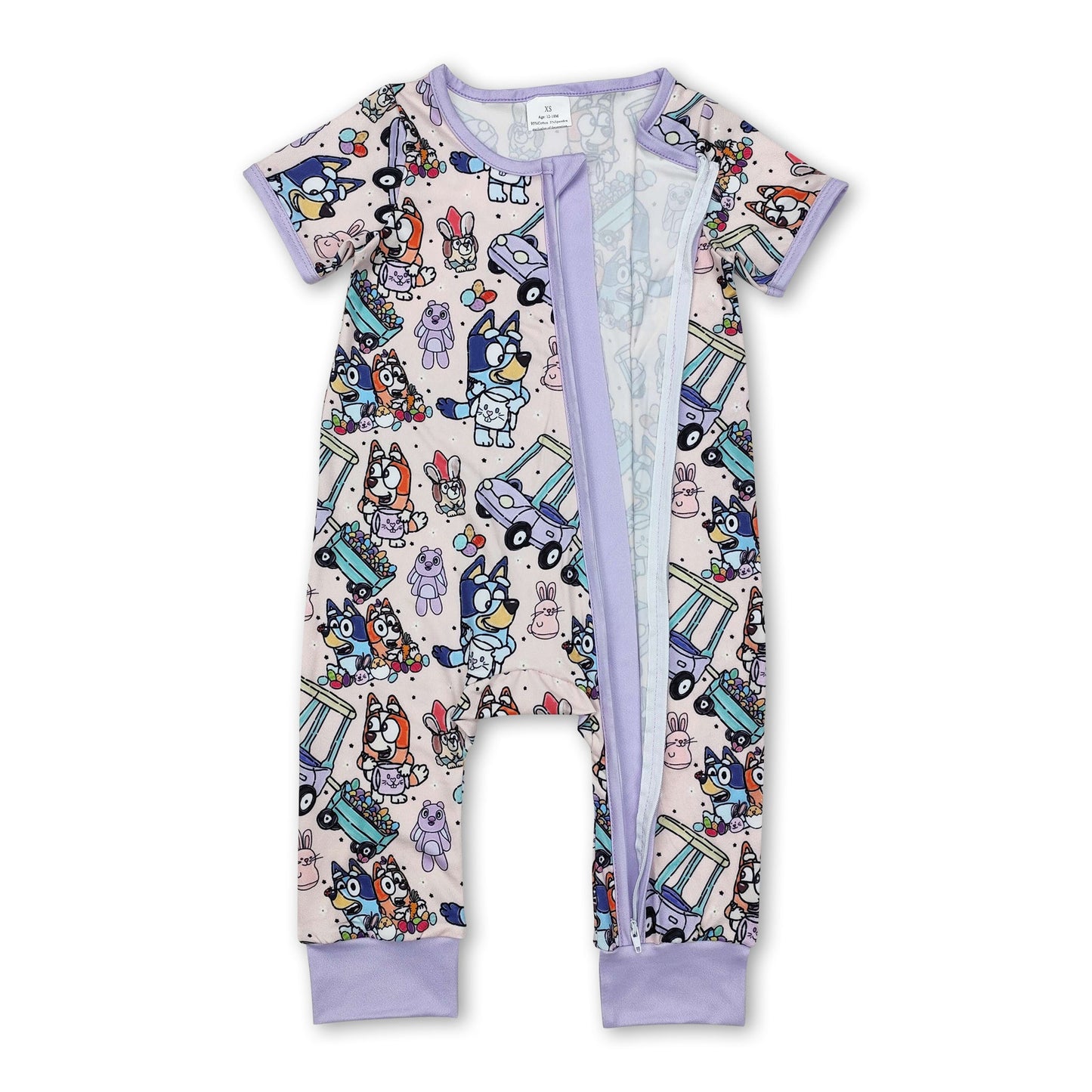 Lavender dog cars eggs bunny girls Easter zipper romper