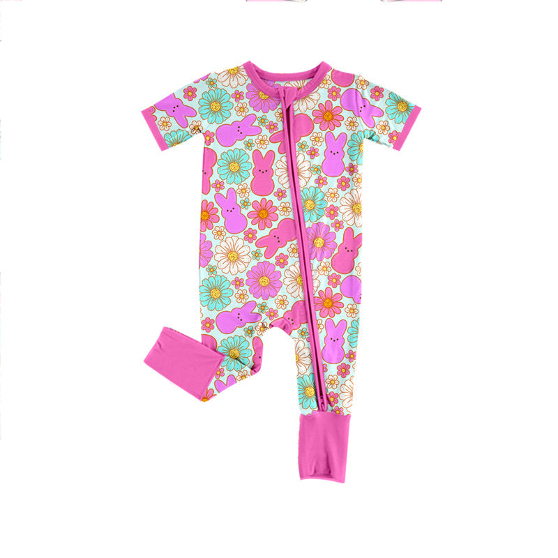 Short sleeves floral bunny groovy baby girls Easter romper