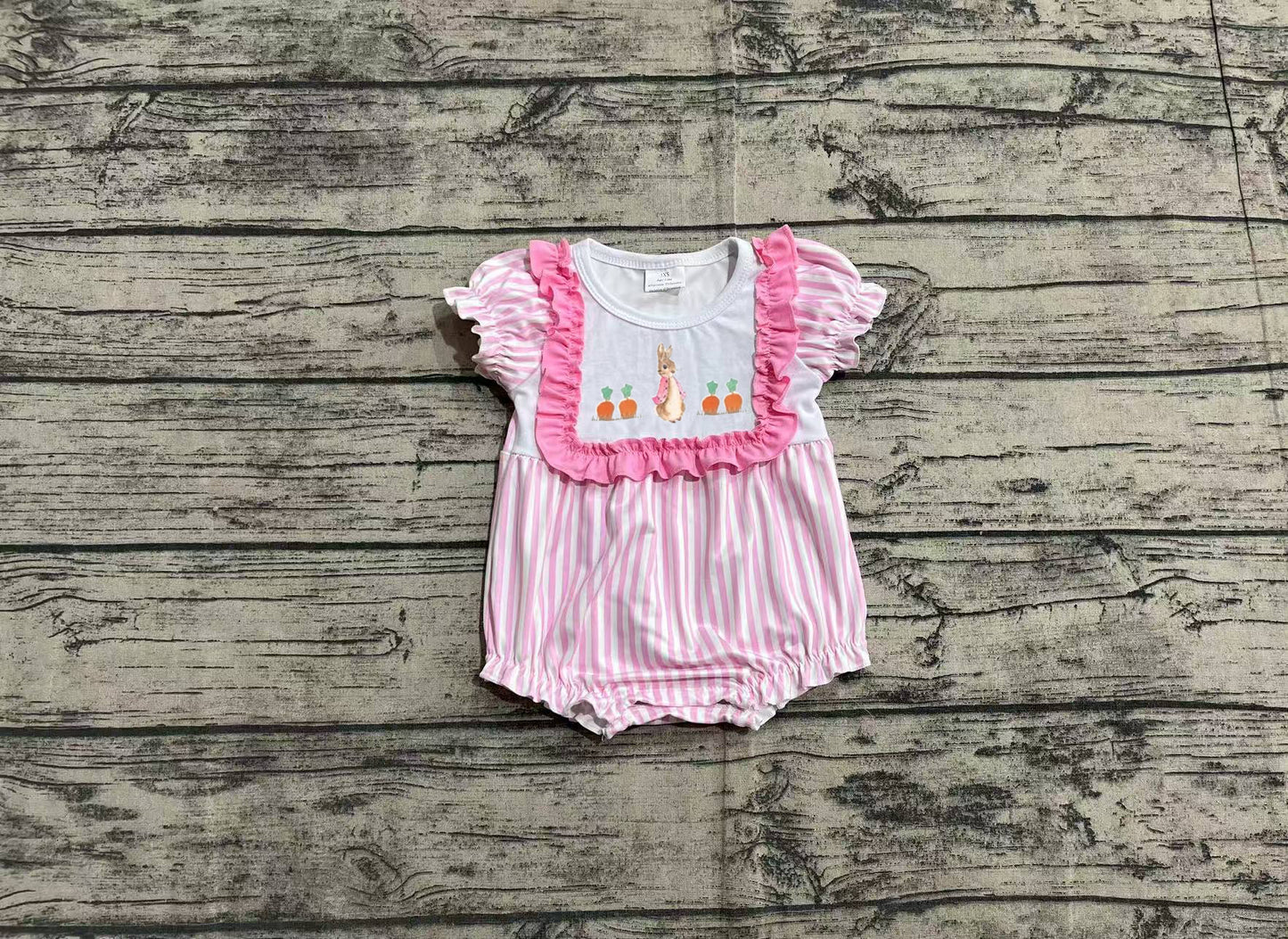 Pink stripe short sleeves carrot bunny baby girls Easter romper