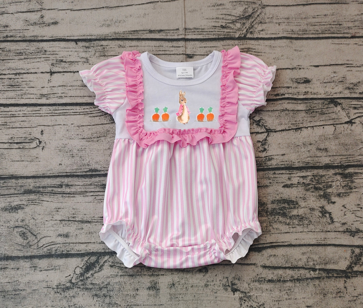 Pink stripe short sleeves carrot bunny baby girls Easter romper